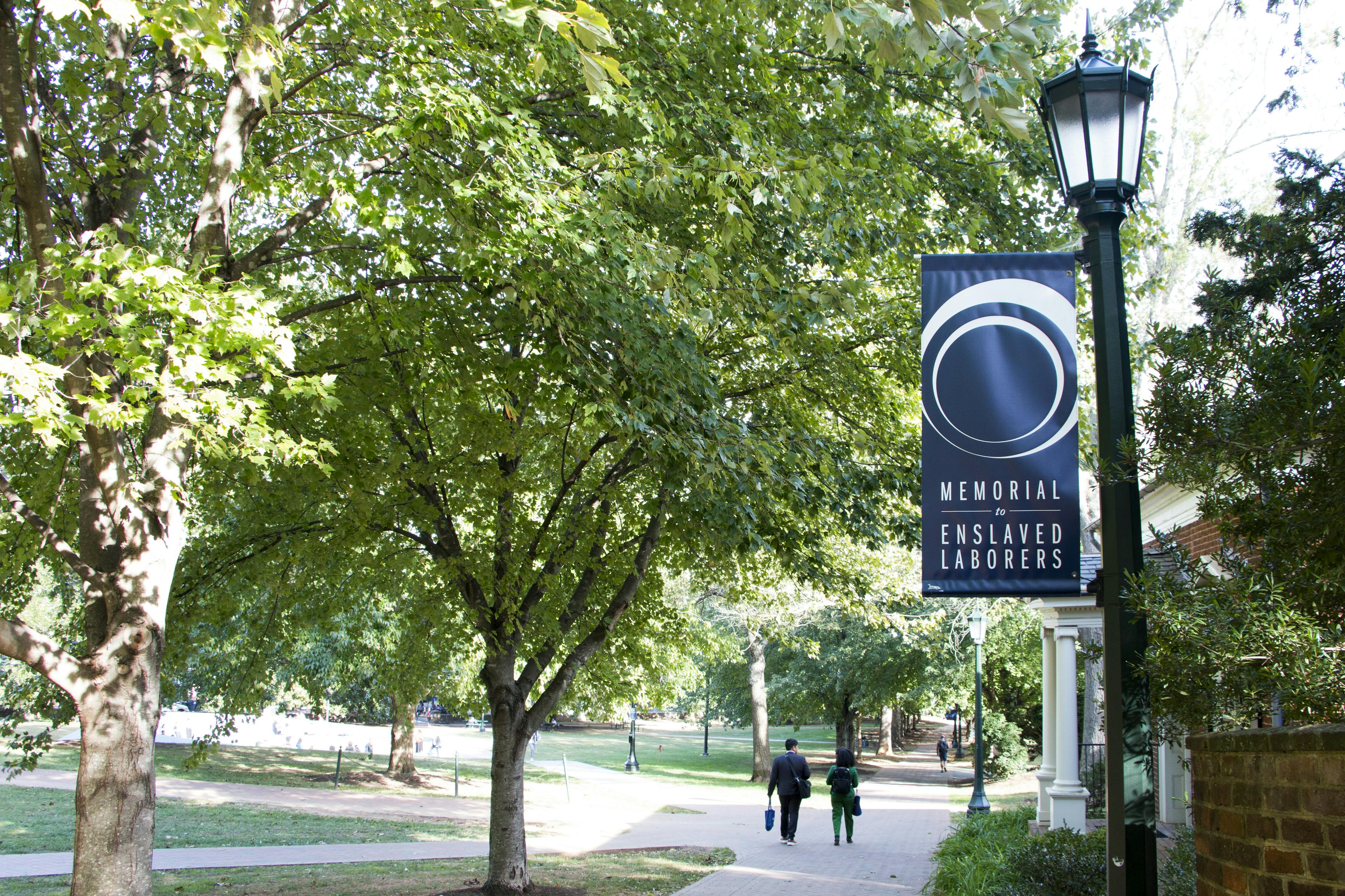 University of Virginia slave memorial banner on lightpole